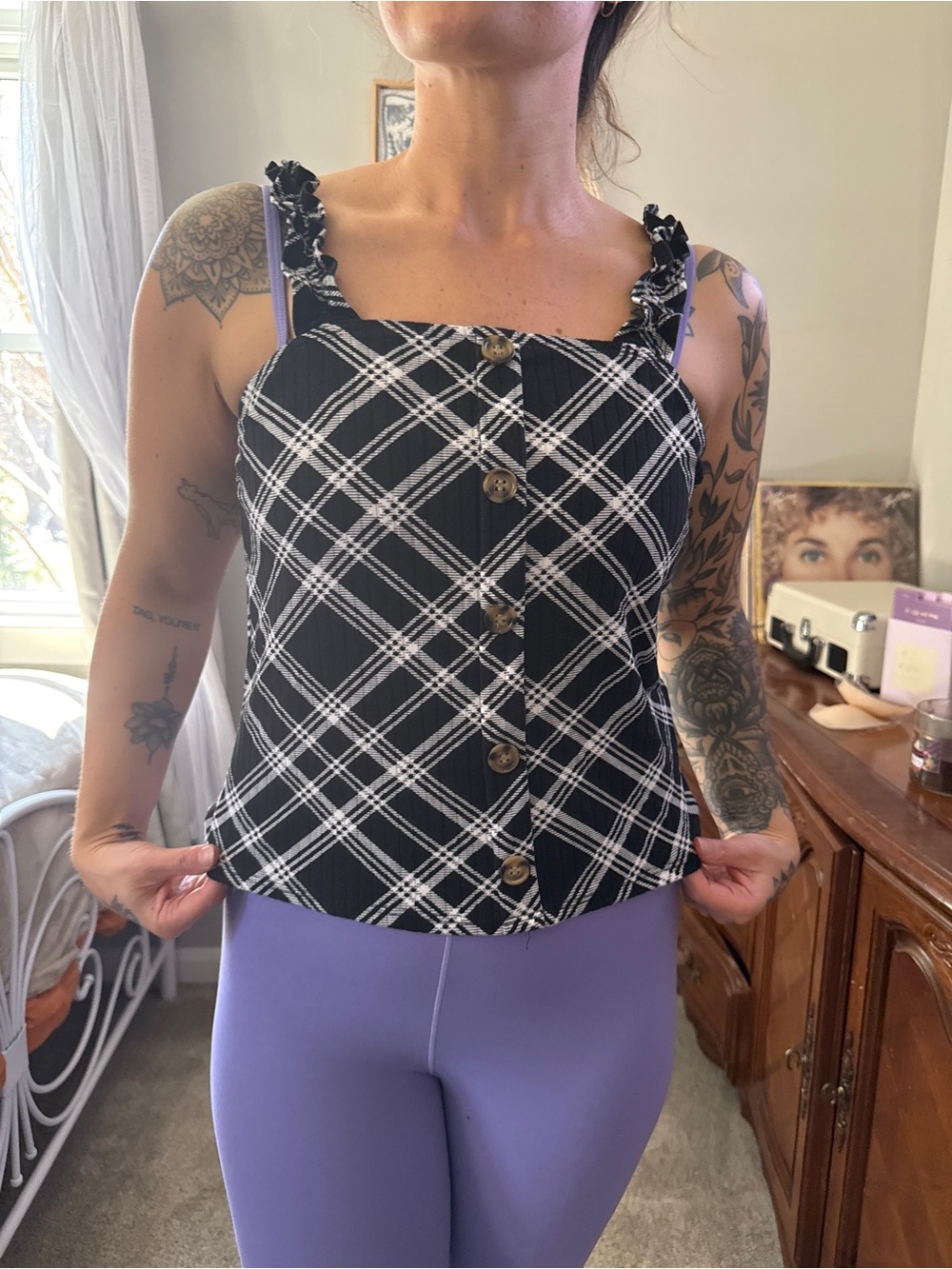 No Boundaries Black and White Plaid Button-Front Ruffle Strap Tank